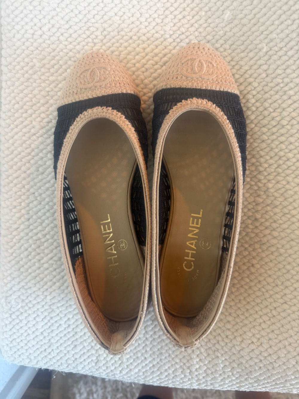 Chanel Raffia Crochet CC Cap Toe Ballet Flats Beige Black Size 36 w/ Box,Receipt - Picture 6 of 7